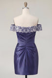 Off the Shoulder Navy Embroidered Satin Ruched Bodycon Homecoming Dress