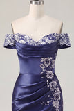 Off the Shoulder Navy Embroidered Satin Ruched Bodycon Homecoming Dress