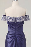 Off the Shoulder Navy Embroidered Satin Ruched Bodycon Homecoming Dress