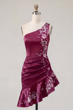 One Shoulder Navy Satin Asymmetrical Ruched Bodycon Mini Homecoming Dress