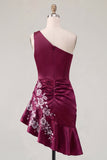 One Shoulder Navy Satin Asymmetrical Ruched Bodycon Mini Homecoming Dress