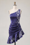 One Shoulder Navy Satin Asymmetrical Ruched Bodycon Mini Homecoming Dress