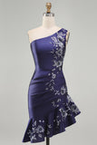 One Shoulder Navy Satin Asymmetrical Ruched Bodycon Mini Homecoming Dress