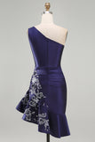 One Shoulder Navy Satin Asymmetrical Ruched Bodycon Mini Homecoming Dress