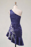 One Shoulder Navy Satin Asymmetrical Ruched Bodycon Mini Homecoming Dress