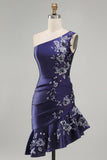 One Shoulder Navy Satin Asymmetrical Ruched Bodycon Mini Homecoming Dress