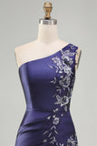 One Shoulder Navy Satin Asymmetrical Ruched Bodycon Mini Homecoming Dress