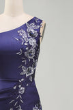 One Shoulder Navy Satin Asymmetrical Ruched Bodycon Mini Homecoming Dress
