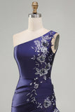 One Shoulder Navy Satin Asymmetrical Ruched Bodycon Mini Homecoming Dress