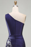 One Shoulder Navy Satin Asymmetrical Ruched Bodycon Mini Homecoming Dress