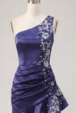 One Shoulder Navy Satin Asymmetrical Ruched Bodycon Mini Homecoming Dress