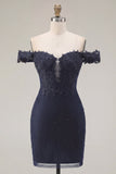 Navy Off the Shoulder Beaded Bodycon Homecoming Dress