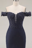 Navy Off the Shoulder Beaded Bodycon Homecoming Dress