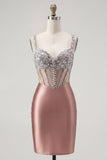 Blush Satin Bodycon Sheer Corset Mini Homecoming Dress with Rhinestones