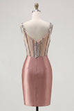 Blush Satin Bodycon Sheer Corset Mini Homecoming Dress with Rhinestones