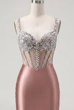 Blush Satin Bodycon Sheer Corset Mini Homecoming Dress with Rhinestones