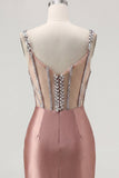 Blush Satin Bodycon Sheer Corset Mini Homecoming Dress with Rhinestones