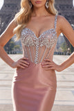 Blush Satin Bodycon Sheer Corset Mini Homecoming Dress with Rhinestones