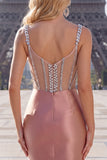 Blush Satin Bodycon Sheer Corset Mini Homecoming Dress with Rhinestones