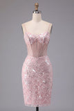 Sparkly Dark Green Floral Corset Bodycon Sequins Short Homecoming Dress