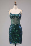 Sparkly Dark Green Floral Corset Bodycon Sequins Short Homecoming Dress