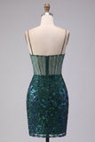 Sparkly Dark Green Floral Corset Bodycon Sequins Short Homecoming Dress