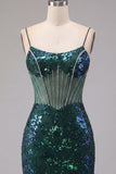 Sparkly Dark Green Floral Corset Bodycon Sequins Short Homecoming Dress