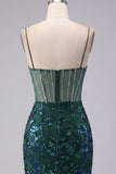 Sparkly Dark Green Floral Corset Bodycon Sequins Short Homecoming Dress