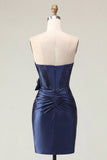 Satin Sweetheart Navy Bodycon Corset Ruched Homecoming Dress with Bow