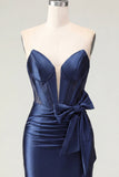 Satin Sweetheart Navy Bodycon Corset Ruched Homecoming Dress with Bow