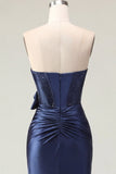 Satin Sweetheart Navy Bodycon Corset Ruched Homecoming Dress with Bow