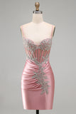 Satin Blush Bodycon Corset Ruched Homecoming Dress with Rhinestones