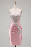 Satin Blush Bodycon Corset Ruched Homecoming Dress with Rhinestones
