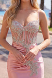 Satin Blush Bodycon Corset Ruched Homecoming Dress with Rhinestones