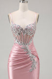 Satin Blush Bodycon Corset Ruched Homecoming Dress with Rhinestones