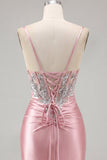 Satin Blush Bodycon Corset Ruched Homecoming Dress with Rhinestones