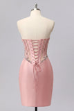 Satin Blush Sweetheart Bodycon Corset Ruched Homecoming Dress with Rhinestones