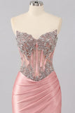 Satin Blush Sweetheart Bodycon Corset Ruched Homecoming Dress with Rhinestones