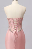 Satin Blush Sweetheart Bodycon Corset Ruched Homecoming Dress with Rhinestones