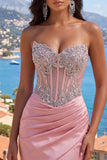 Satin Blush Sweetheart Bodycon Corset Ruched Homecoming Dress with Rhinestones