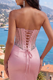 Satin Blush Sweetheart Bodycon Corset Ruched Homecoming Dress with Rhinestones