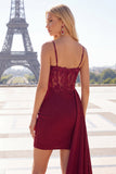 Burgundy Bodycon Corset Ruched Beaded Homecoming Dress with Side Cape