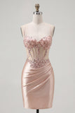 Champagne Bodycon Corset Ruched Beaded Homecoming Dress