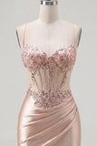 Champagne Bodycon Corset Ruched Beaded Homecoming Dress