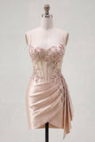 Champagne Bodycon Corset Ruched Beaded Homecoming Dress with Sash