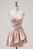 Champagne A-Line Corset Ruched Homecoming Dress with Beading