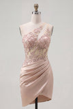 Champagne One Shoulder Bodycon Sheer Corset Ruched Homecoming Dress with Beading