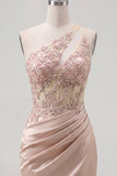Champagne One Shoulder Bodycon Sheer Corset Ruched Homecoming Dress with Beading
