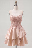 A-Line Champagne Sweetheart Sheer Corset Ruffled Homecoming Dress with Beading