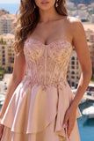 A-Line Champagne Sweetheart Sheer Corset Ruffled Homecoming Dress with Beading